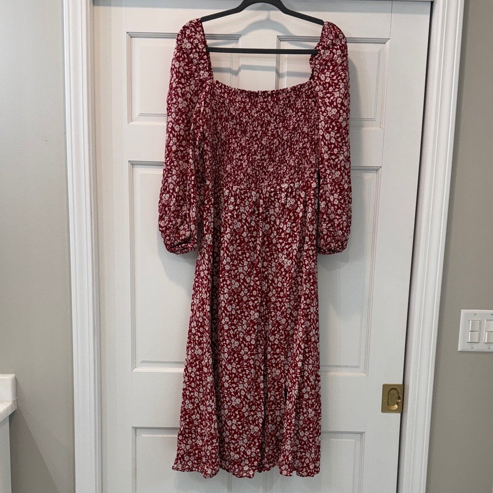 Reformation Cello Dress Red Floral Long Sleeve Dress lined with slde slit